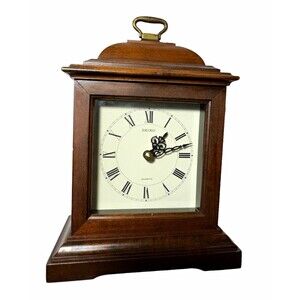 Vintage Seiko Wood Quartz Mantel Clock Roman Numerals Rectangular Brown AQZ 001B